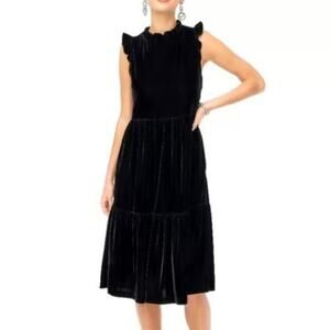 J. Crew Black Velvet Sleeveless Tiered Midi Dress 12 Tiered A-Line Ruffle Preppy